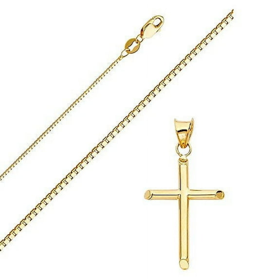 Solid 14K Gold Box Chain Cross Pendant Necklace - Choose Chain Length and Width (24.0, Box Chain - 0.8mm)