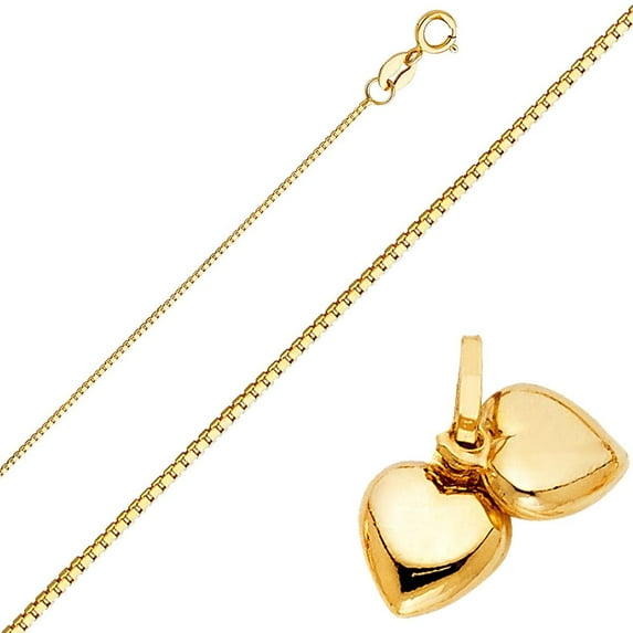 Solid 14K Gold Box Chain Double Heart Pendant Necklace/Box Chain Heart/Heart Pendant (0.8 mm, 22.0 Inches)