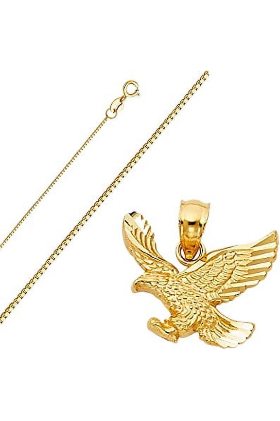 Solid 14K Gold Box Chain Eagle Pendant Necklace Set (Box Chain 0.8 mm, 20.0 Inches)