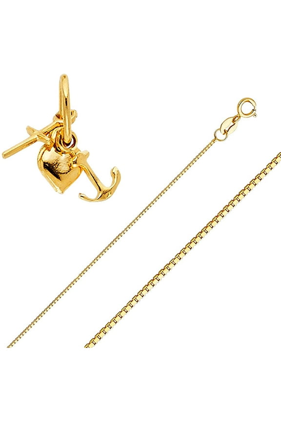 Solid 14K Gold Box Chain Faith, Hope, and Charity Pendant Necklace - Choose Length 16" to 24" (0.8 mm, 16.0 Inches)