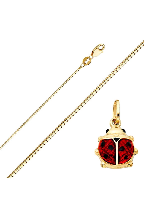 Solid 14K Gold Box Chain Lady Bug Enamel Pendant Necklace - Choose Length 16" to 24" (0.8 mm, 18.0 Inches)