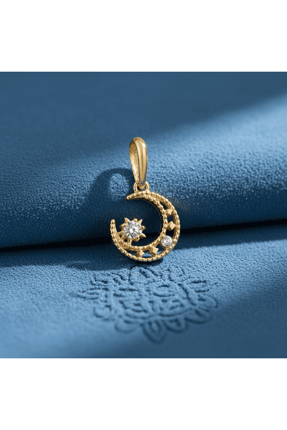 Solid 14K Gold Crescent Moon CZ Pendant for Women and Teens