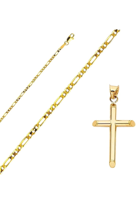 Solid 14K Gold Figaro Chain Cross Pendant Necklace - Choose Length 16" to 22" (Figaro - 2.3 mm, 20.0 Inches)