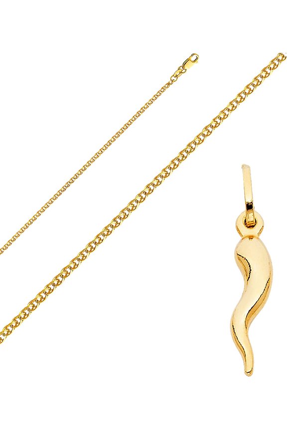 Solid 14K Gold Flat Open Wheat Chain Cornicello Italian Horn Pendant Necklace - Choose Chain Length and Width (Flat Open Wheat - 2mm, 18.0 Inches)