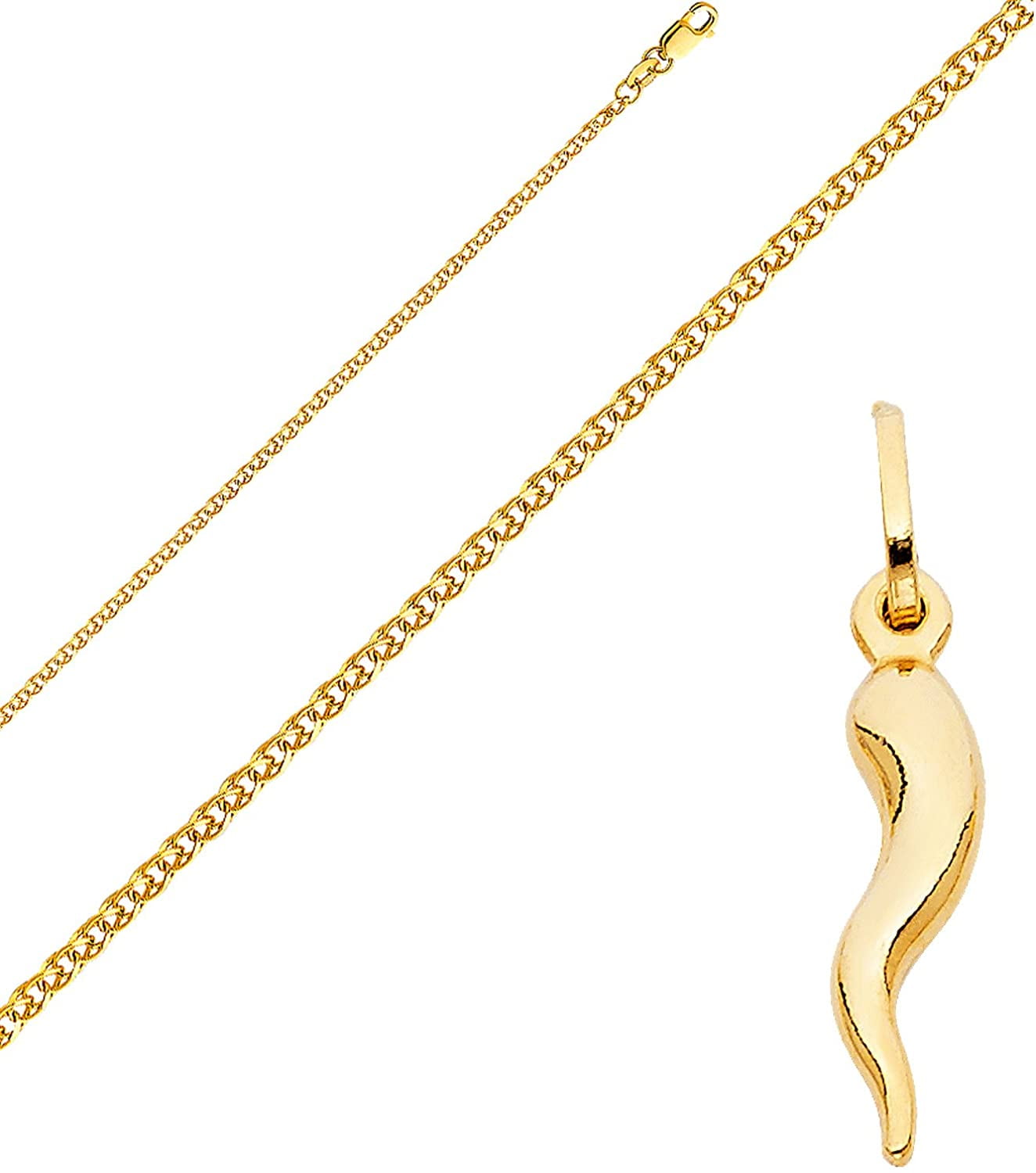 Solid 14K Gold Flat Open Wheat Chain Cornicello Italian Horn Pendant Necklace - Choose Chain Length and Width (Flat Open Wheat - 2mm, 20.0 Inches)