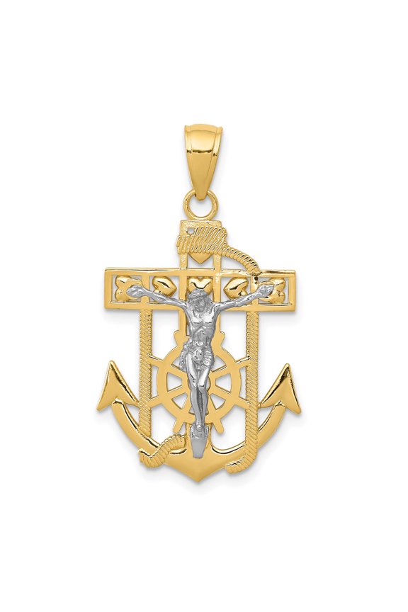 Solid 14K Real Gold Two-Tone Crucifix Anchor Cross Pendant with Rope and Ship Wheel Design Nautical Religious Jewelry for Men and Women