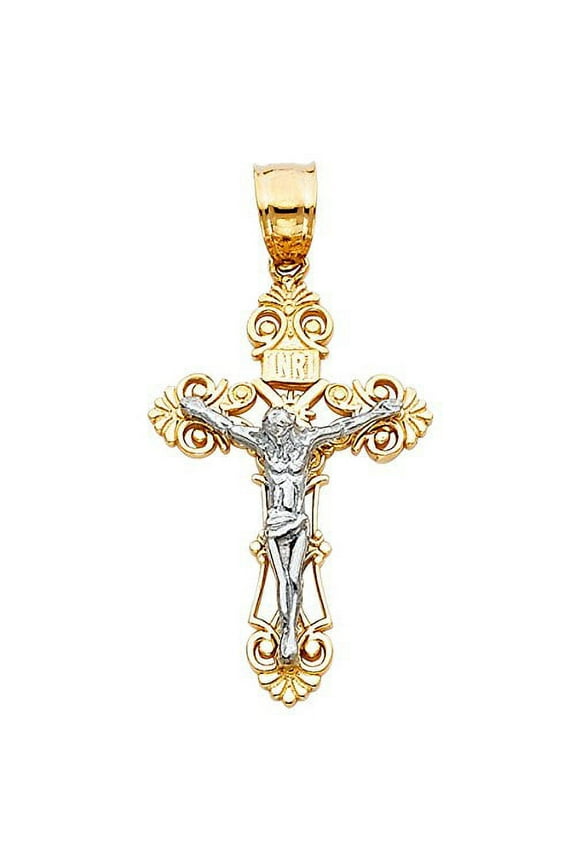 Solid 14K Two Tone Gold Crucifix Pendant - Jesus Engraved in Linear Cross Charm - Christian Pendant Jewelry - Suitable for Men & Women for All Occasions, 27 mm X 16 mm, 1.7 Grams