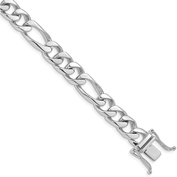 Solid 14K White Gold 9.2mm Hand Polished Figaro Link with Box Catch Lock Bracelet - 8"