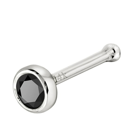 Solid 14K White Gold Ball-end Stud Bezel Set 2.5mm Black Diamond 22G Nose Bone Nose Stud - April Birthstone Nose Ring Stud NBBZ-BD25WG
