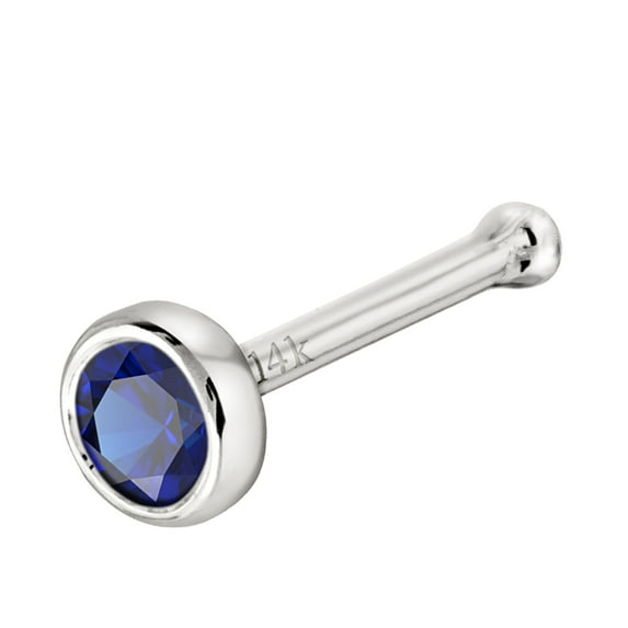Solid 14K White Gold Ball-end Stud Bezel Set 2.5mm Blue Sapphire 22G Nose Bone Nose Stud - September Birthstone Nose Ring Stud NBBZ-SP25WG