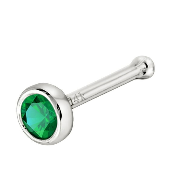 Solid 14K White Gold Ball-end Stud Bezel Set 2.5mm Emerald 22G Nose Bone Nose Stud - May Birthstone Nose Ring Stud NBBZ-ED25WG