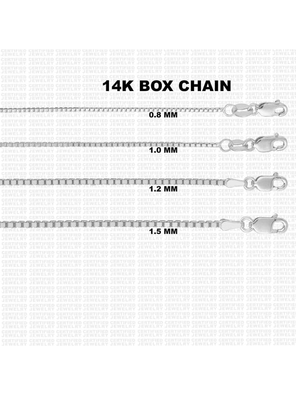 Solid 14K White Gold Box Chain Necklace, 16" To 30" Inch, 0.8 MM To 1.5 MM