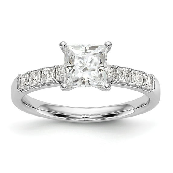 Solid 14K White Gold Diamond Side-Stones with CZ Cubic Zirconia Center Stone Engagement Ring Size 5