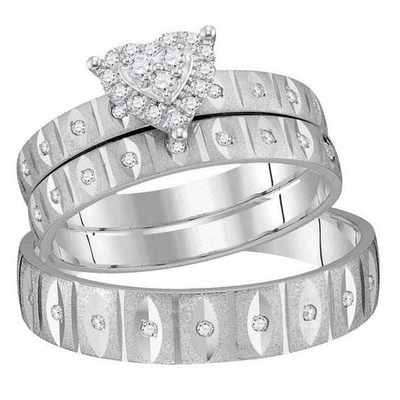 Solid 14K White Gold His and Hers Real Natural Diamond Trio Three Rings Set Heart Matching Rings Wedding Band Set 1/4 Carat - ( .26 Cttw ) - Ladies Size 9 - Mens Size 10