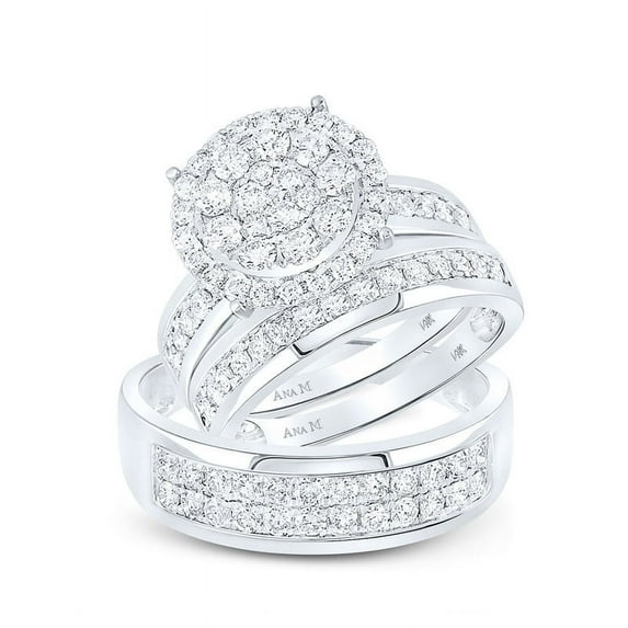 Solid 14K White Gold His and Hers Trio Three Rings Set Real Natural Diamond Cluster Matching Rings Wedding Band Set 1-7/8 Carat ( 1.83 Cttw ) - (L = 6, M = 12)