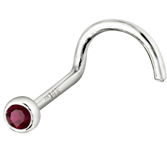 Solid 14K White Gold Nose Screw Stud Bezel Set 1.5mm Ruby 22G Cork-screw Nose Stud - July Birthstone Nose Ring Stud NSBZ-RB15WG