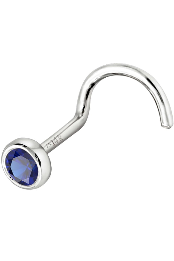 Solid 14K White Gold Nose Screw Stud Bezel Set 3mm Blue Sapphire 22G Cork-screw Nose Stud - September Birthstone Nose Ring Stud NSBZ-SP30WG