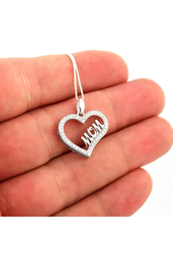 Solid 14K White Gold Plated 1Ct Round Cut Moissanite Mother's Day Gift Mom Heart Pendant