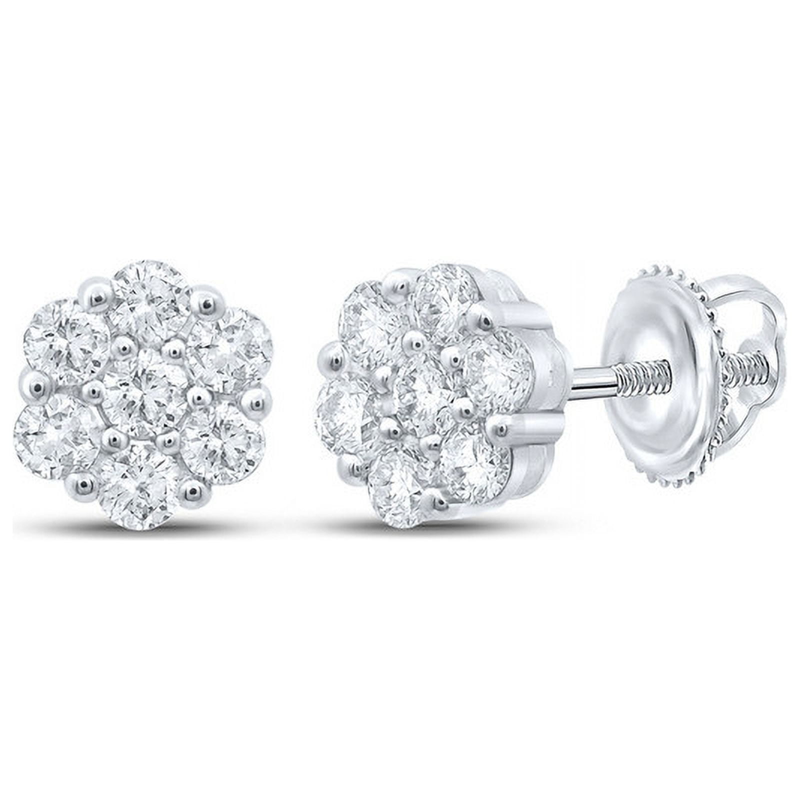 Solid 14K White Gold Real Natural Diamond Flower Cluster Stud Earrings ...