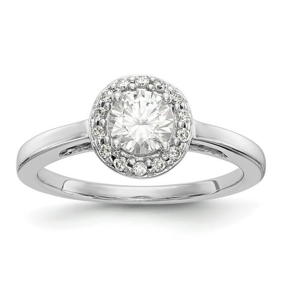 Solid 14K White Gold Round Diamond Side-Stones with CZ Cubic Zirconia Center Stone Halo Engagement Ring Size 6.5
