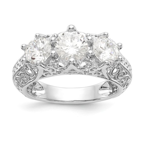 Solid 14K White Gold Three Stone Diamond Engagement Ring with CZ Cubic Zirconia Size 8.5