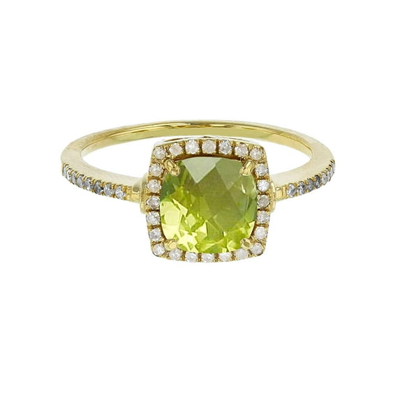 Solid 14K Yellow Gold 7mm Cushion Genuine Apple Quartz Birthstone & 0.20 CTTW Diamond Halo Ring | 14K Gold Apple Quartz Ring For Women, Size-6