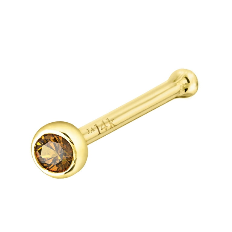 Solid 14K Yellow Gold Ball-end Stud Bezel Set Citrine 22G