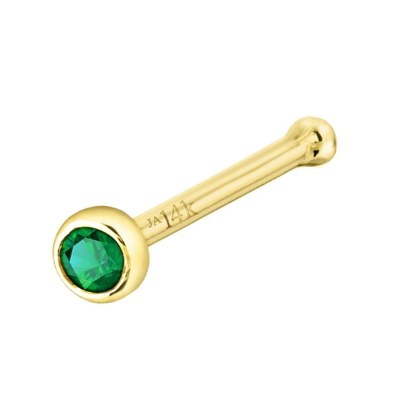 Solid 14K Yellow Gold Ball-end Stud Bezel Set 1.5mm Emerald 22G Nose Bone Nose Stud - May Birthstone Nose Ring Stud NBBZ-ED15YG