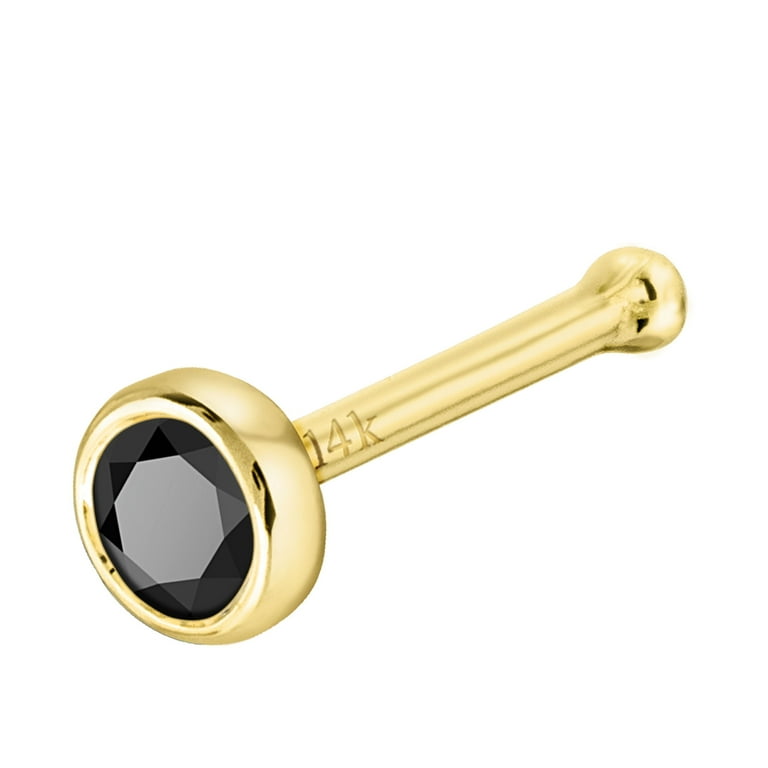 Solid 14K Yellow Gold Ball-end Stud Bezel Set 3mm Black Diamond