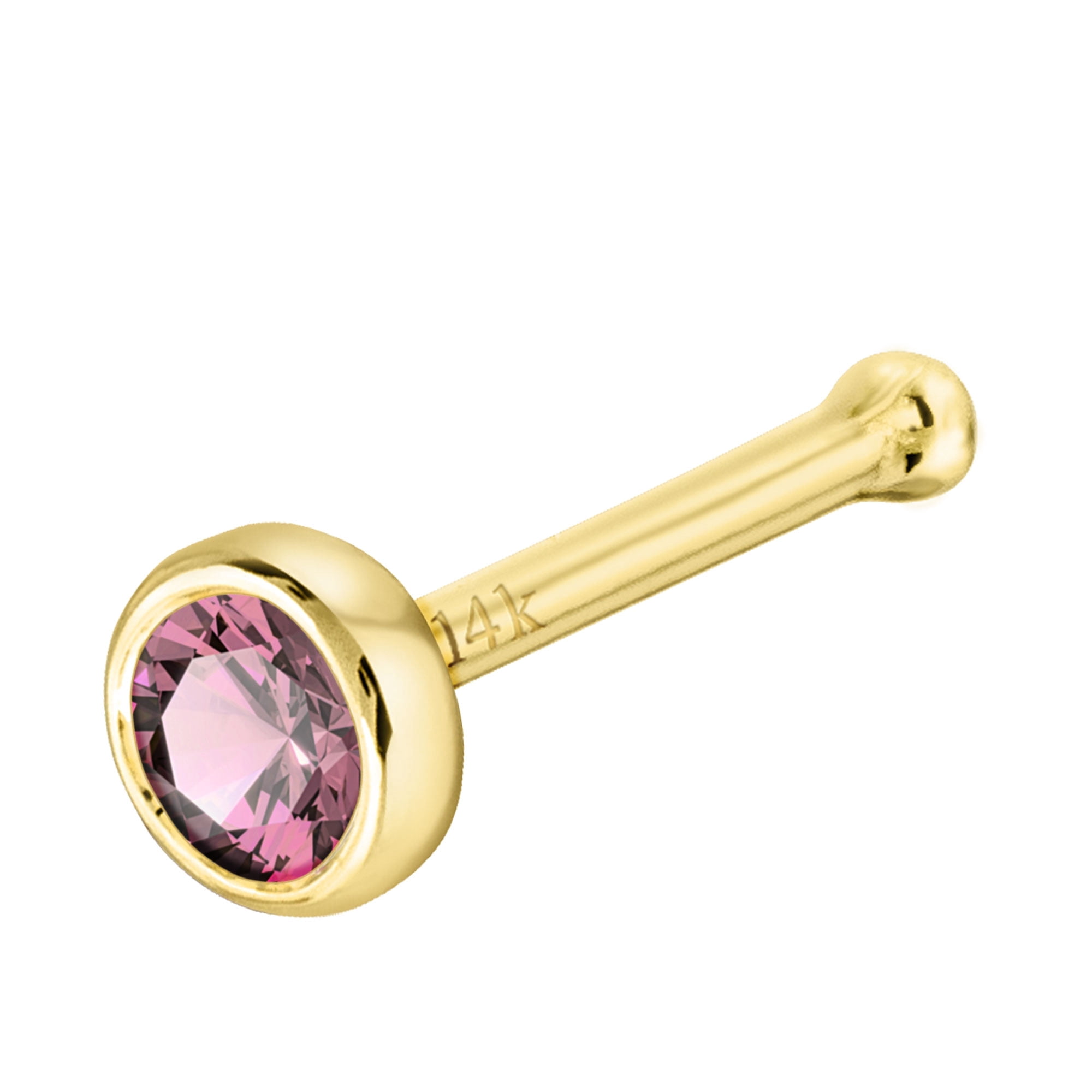 Solid 14K White Gold Ball-end Stud Bezel Set 3mm Pink Tourmaline