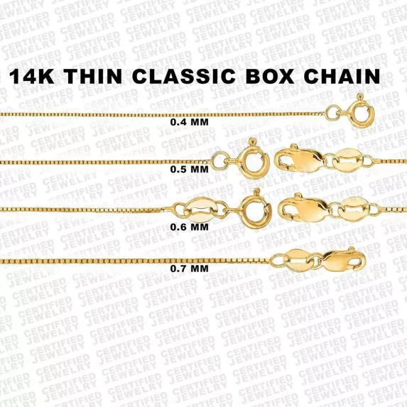 Solid 14K Yellow Gold Box Chain Necklace, 16" 18" 20" 24" Inch, 0.4mm 0.5mm 0.6mm, 0.7mm Wide
