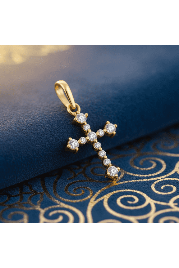 Solid 14K Yellow Gold Classic Cross CZ Pendant for Women and Teens