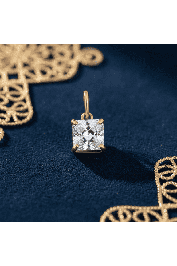 Solid 14K Yellow Gold Classic Princess Cut CZ Pendant for Women and Teens