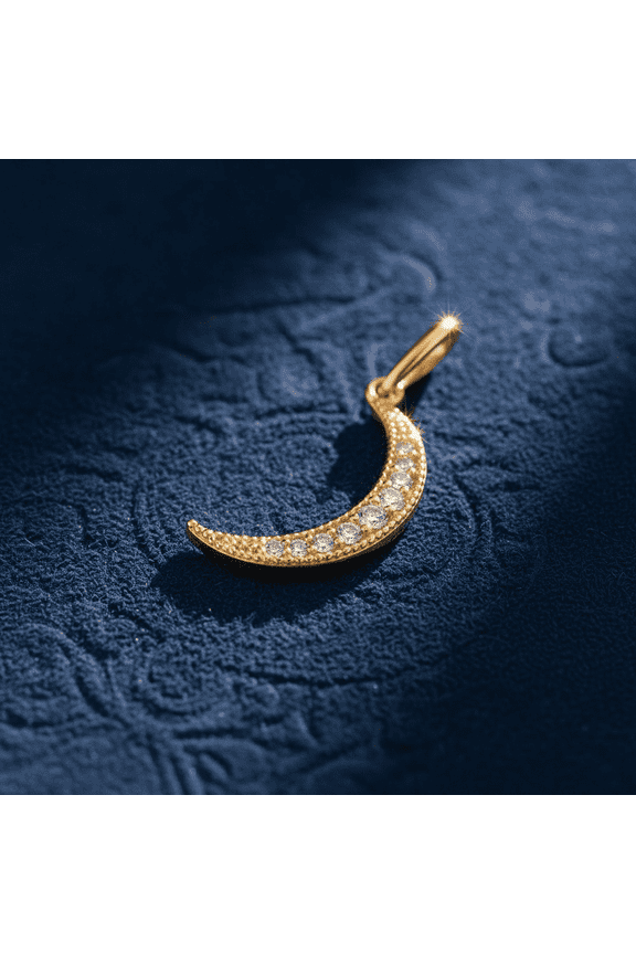 Solid 14K Yellow Gold CZ Crescent Moon Pendant for Women and Teens