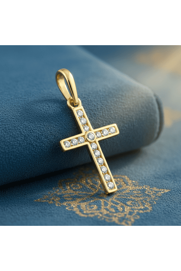 Solid 14K Yellow Gold Cross CZ Pendant for Women and Teens