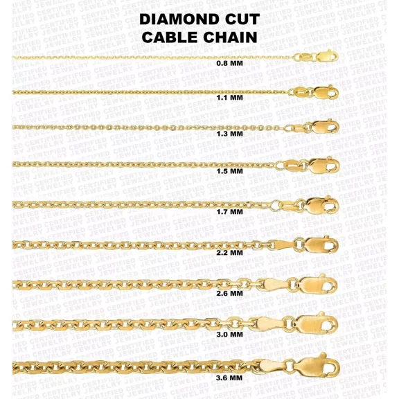 Solid 14K Yellow Gold Diamond Cut Oval Cable Link Chain Necklace, 16" To 30" Inch,0.8mm To 3.6mm Wide