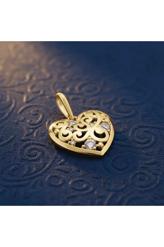 Solid 14K Yellow Gold Filigree Heart CZ Pendant for Women and Teens