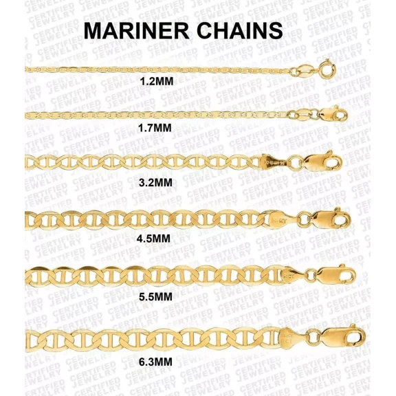 Solid 14K Yellow Gold Flat Mariner Link Curb Chain Necklace, 7" To 30" Inch, 1.2mm To 6.3mm Wide