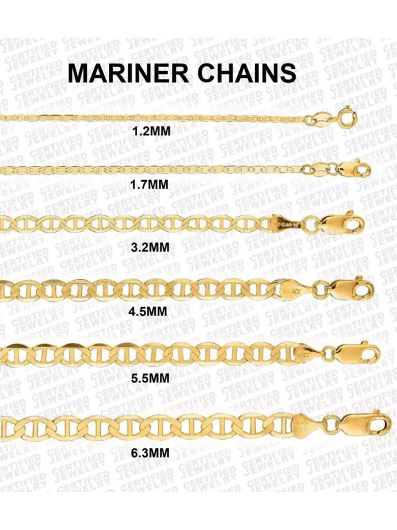 Solid 14K Yellow Gold Flat Mariner Link Curb Chain Necklace, 7" To 30" Inch, 1.2mm To 6.3mm Wide