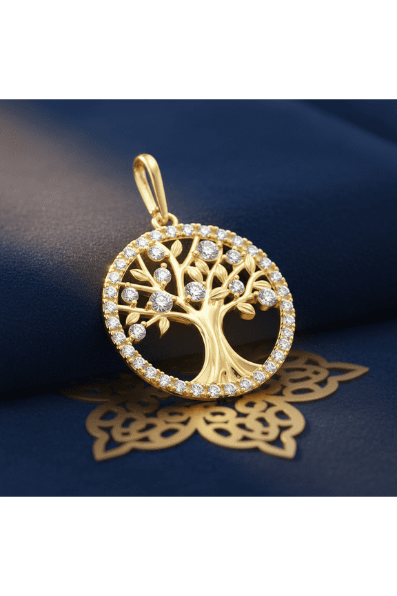 Solid 14K Yellow Gold Glitzy Tree of Life CZ Pendant for Women and Teens