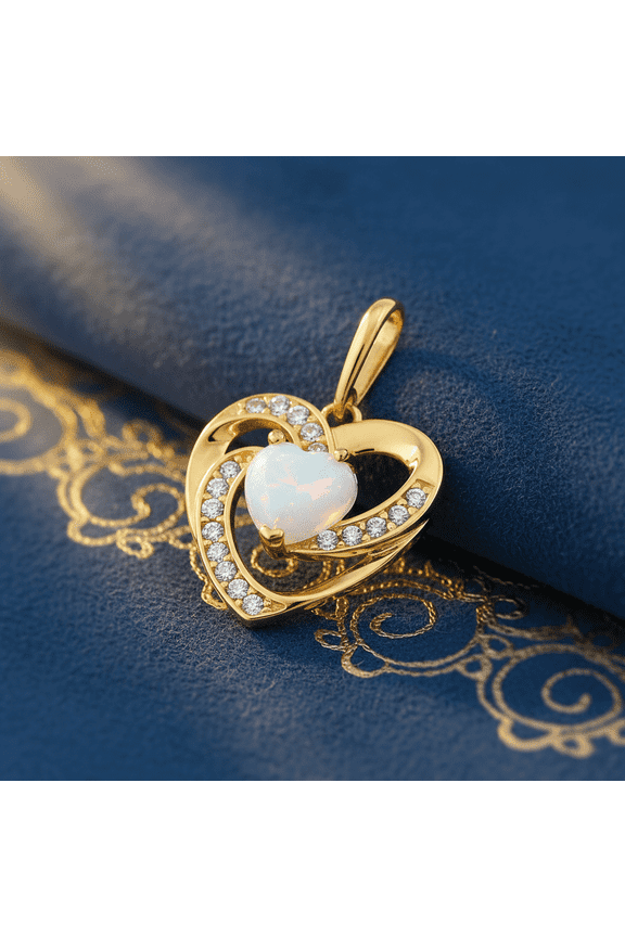 Solid 14K Yellow Gold Heart White Lab Opal CZ Pendant for Women and Teens