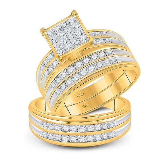 Solid 14K Yellow Gold His and Hers Trio Three Rings Set Princess Cut Real Natural Diamond Square Matching Rings Wedding Band Set 1-1/2 Carat ( 1.49 Cttw ) - (L = 8.5, M = 8.5)