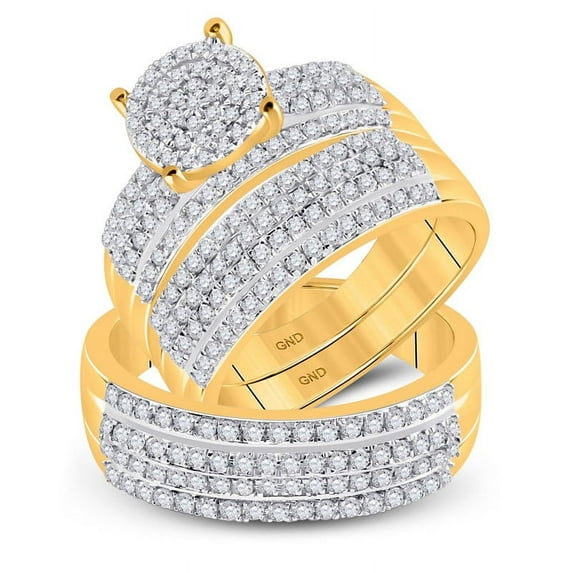 Solid 14K Yellow Gold His and Hers Trio Three Rings Set Real Natural Diamond Cluster Matching Rings Wedding Band Set 1-1/3 Carat ( 1.30 Cttw ) - (L = 8.5, M = 10)