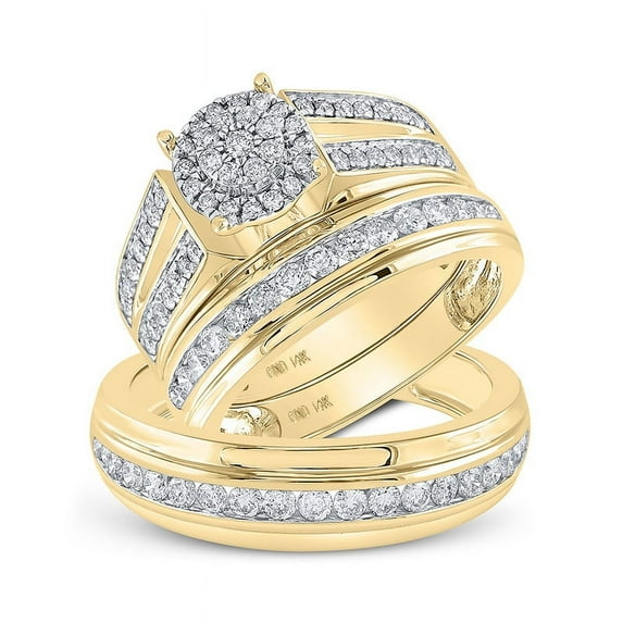 Solid 14K Yellow Gold His and Hers Trio Three Rings Set Real Natural Diamond Cluster Matching Rings Wedding Band Set 1-1/4 Carat ( 1.25 Cttw ) - (L = 6, M = 12)
