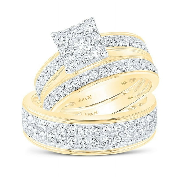 Solid 14K Yellow Gold His and Hers Trio Three Rings Set Real Natural Diamond Cluster Matching Rings Wedding Band Set 2-1/5 Carat ( 2.20 Cttw ) - (L = 5, M = 10.5)