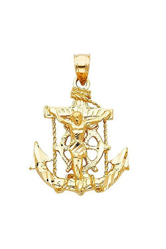 Solid 14K Yellow Gold Jesus Cross Crucifix Pendant - Charm Mariner Anchor Finish - Handmade Spiritual Symbol - Gold Stamped Fine Jewelry - Great Gift for Men & Women for Occasions