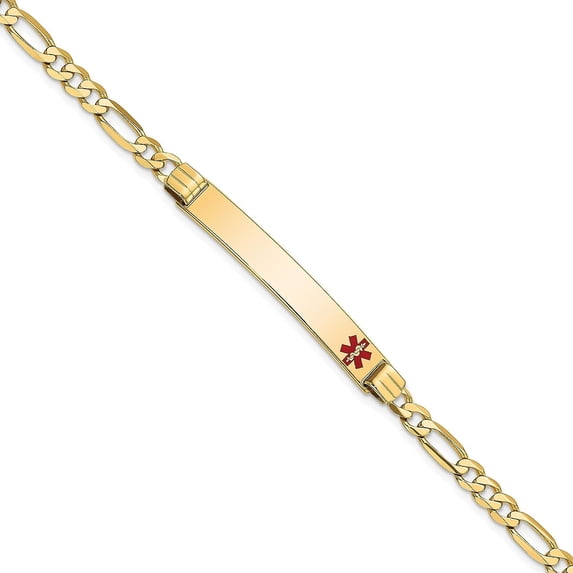 Solid 14K Yellow Gold Medical Red Enamel Figaro ID Bracelet - 8" - 7.8gm