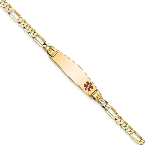 Solid 14K Yellow Gold Medical Soft Diamond Shape Red Enamel Figaro ID Bracelet - 7"