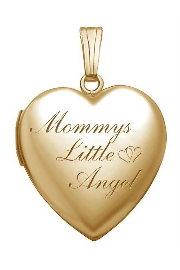 Solid 14K Yellow Gold Mommys Little Angel Heart Locket - 3/4 Inch X 3/4 Inch in Solid 14K Yellow Gold