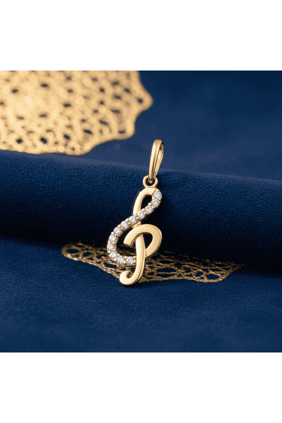 Solid 14K Yellow Gold Music Note CZ Pendant for Women and Teens